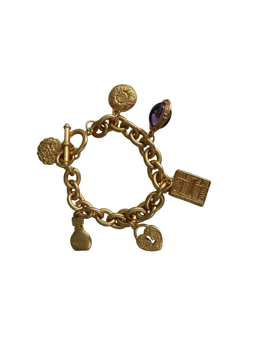 Gloria Vanderbilt Vintage Gold Tone Signature Charm Bracelet Purple Cabochon 8"